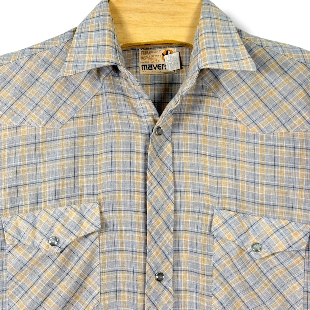 Maverick Western Shirt Mens‎ Medium Blue Yellow Plaid Pearl Snap Vintage 80s USA